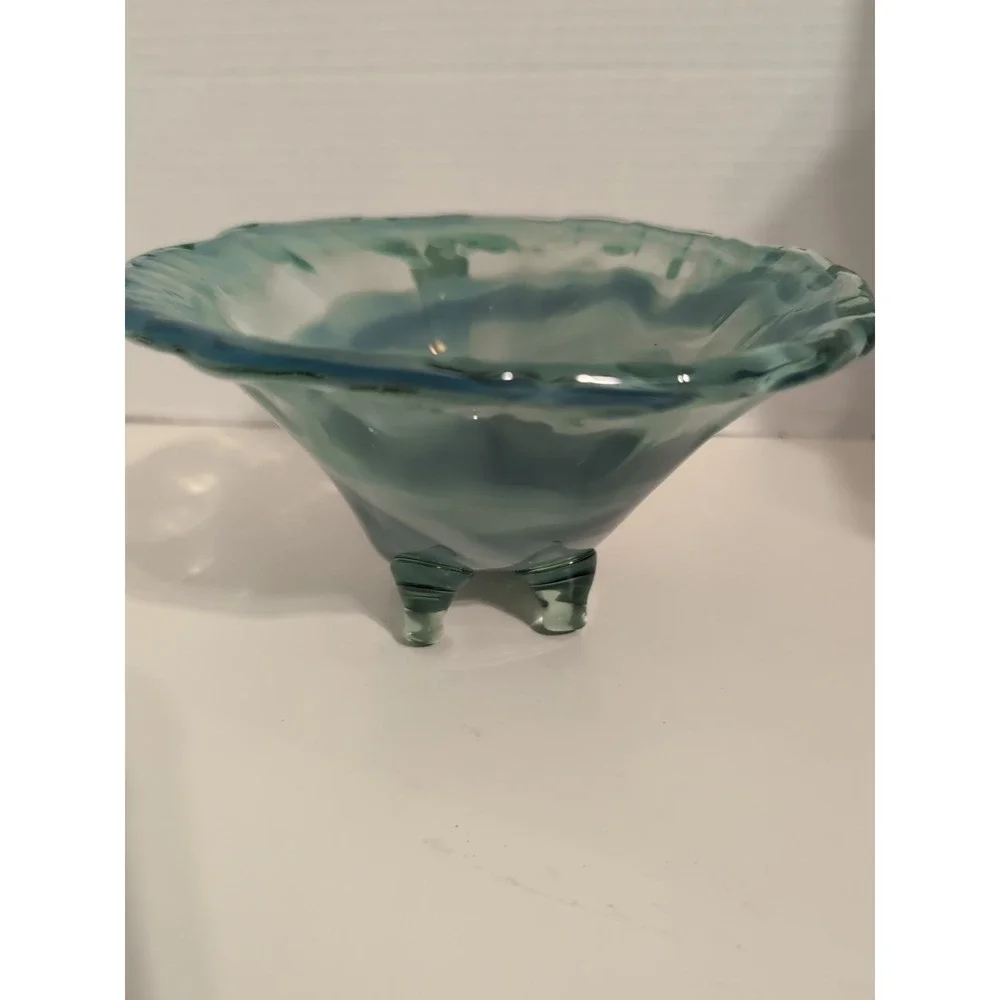 Vintage‎ Sooner Glass Hand-Blown Cornucopia Bluish Green Bowl